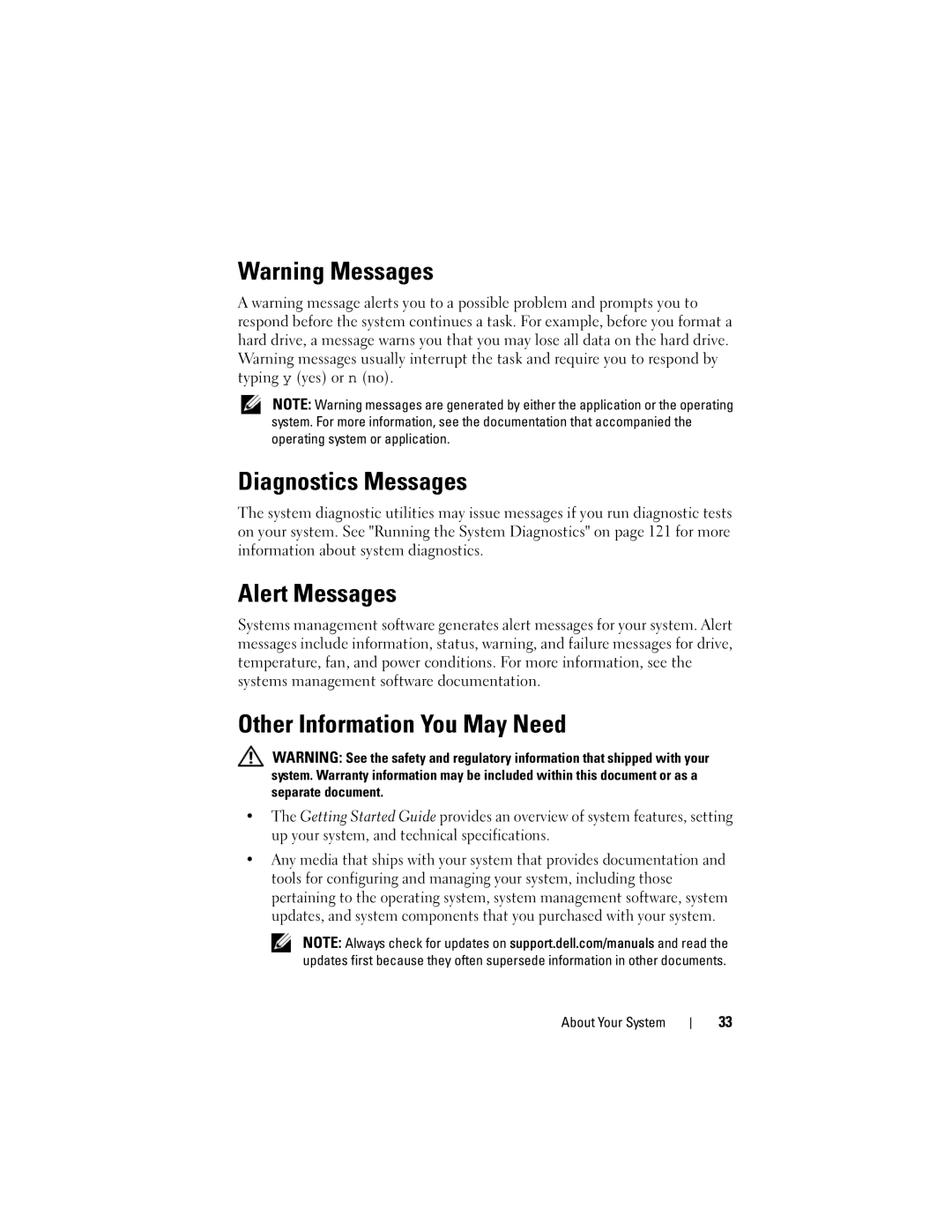 Dell T110 owner manual Diagnostics Messages, Alert Messages, Other Information You May Need 