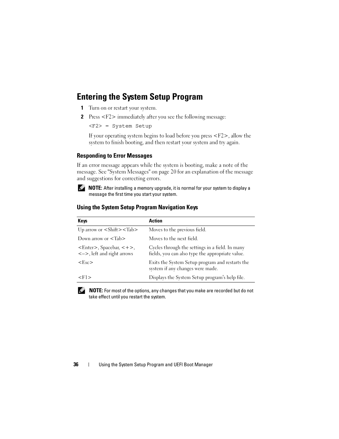 Dell T110 Entering the System Setup Program, Responding to Error Messages, Using the System Setup Program Navigation Keys 