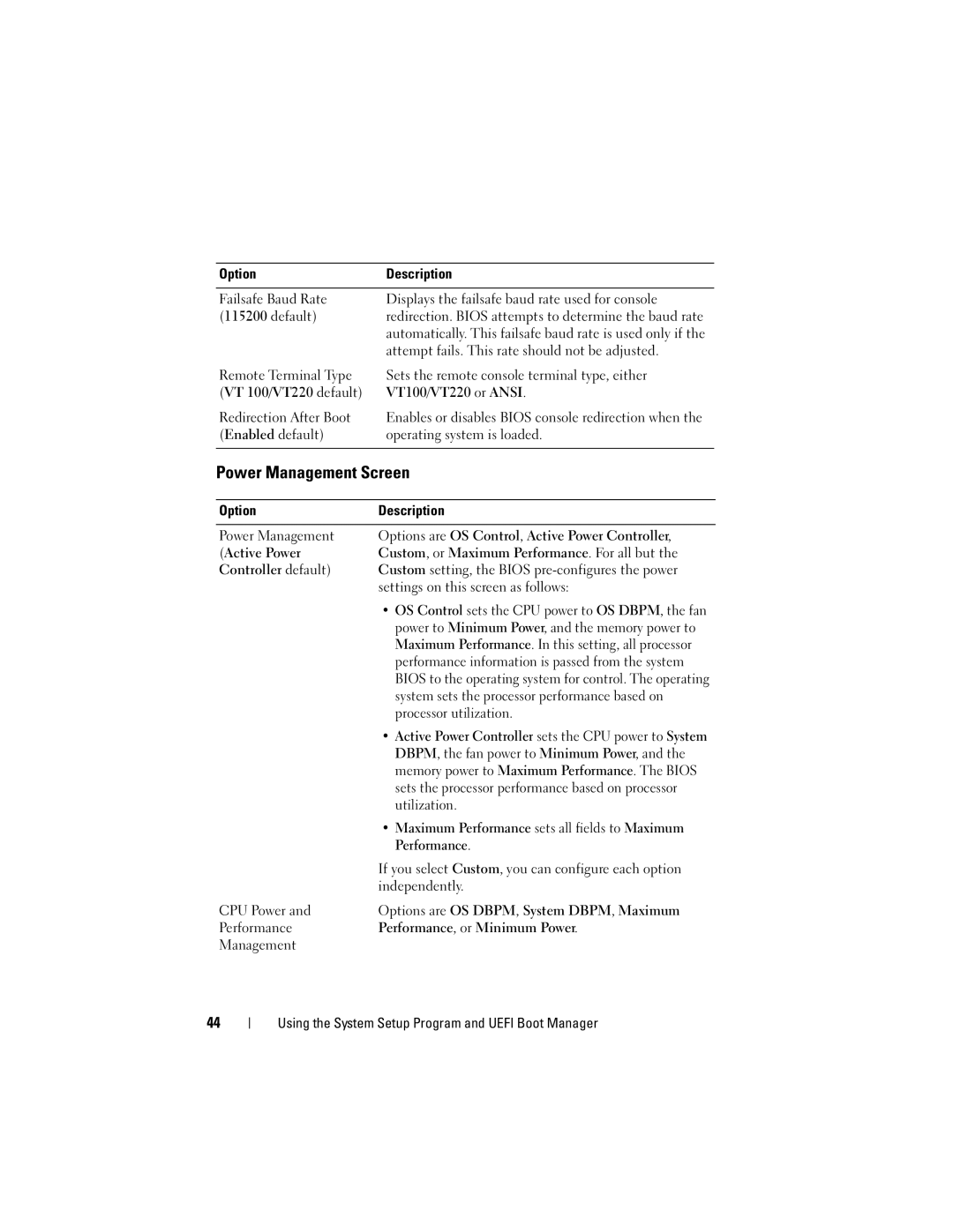 Dell T110 owner manual Power Management Screen 