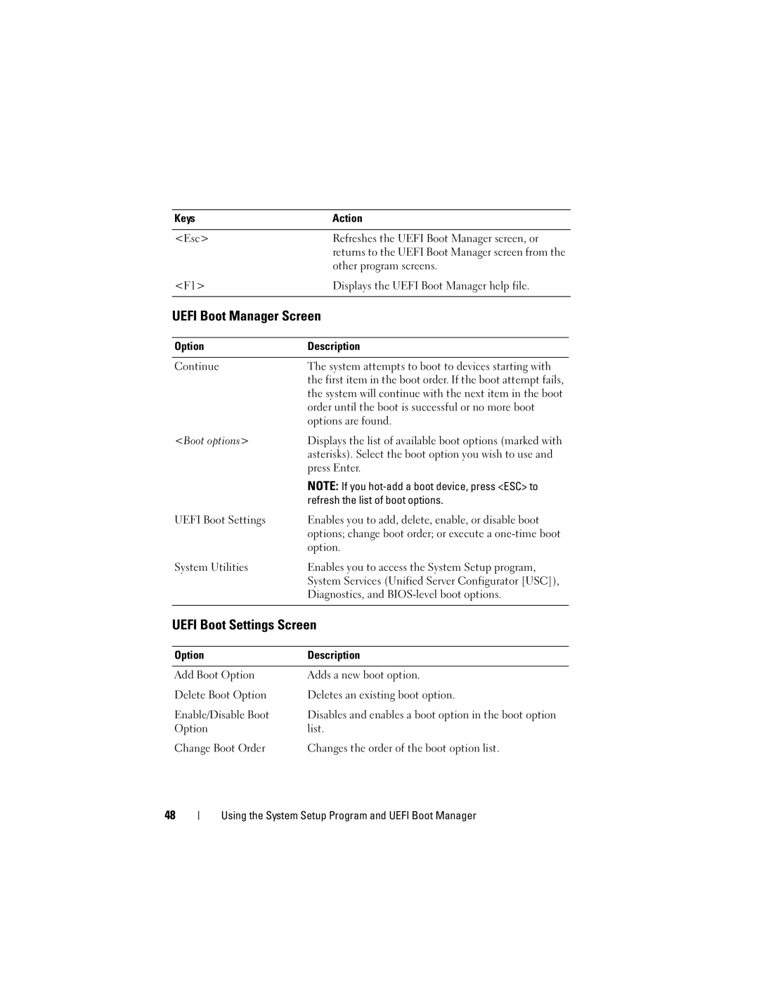 Dell T110 owner manual Uefi Boot Manager Screen, Uefi Boot Settings Screen 