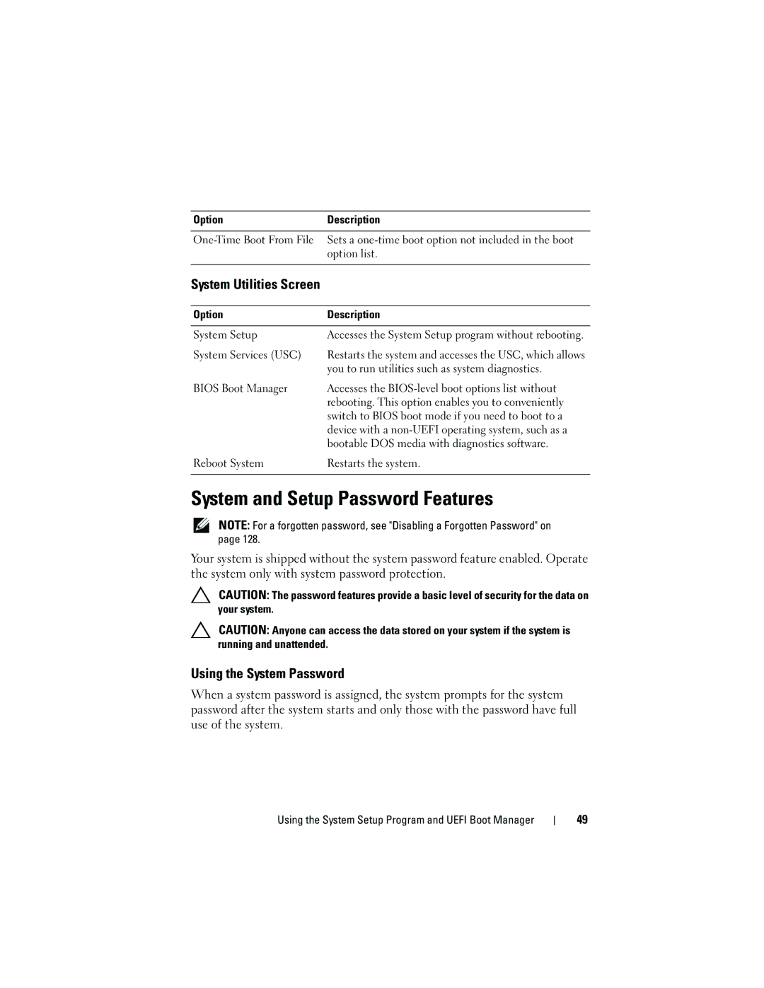 Dell T110 owner manual System and Setup Password Features, System Utilities Screen, Using the System Password 