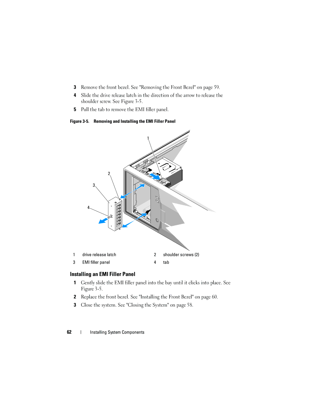 Dell T110 owner manual Installing an EMI Filler Panel, EMI filler panel Tab 