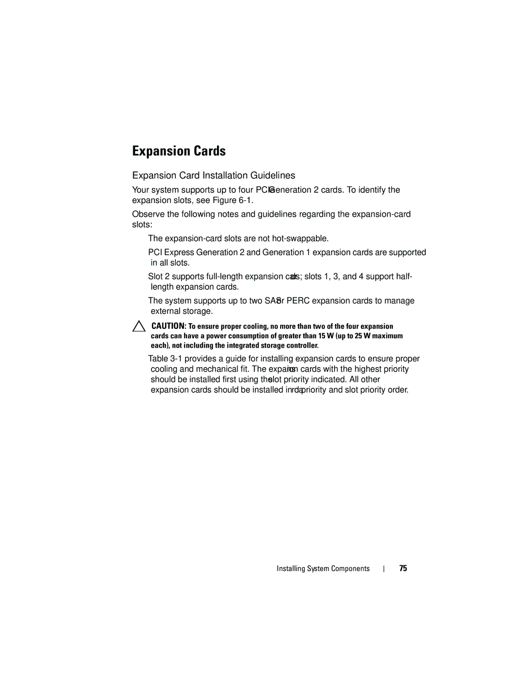 Dell T110 owner manual Expansion Cards, Expansion Card Installation Guidelines 