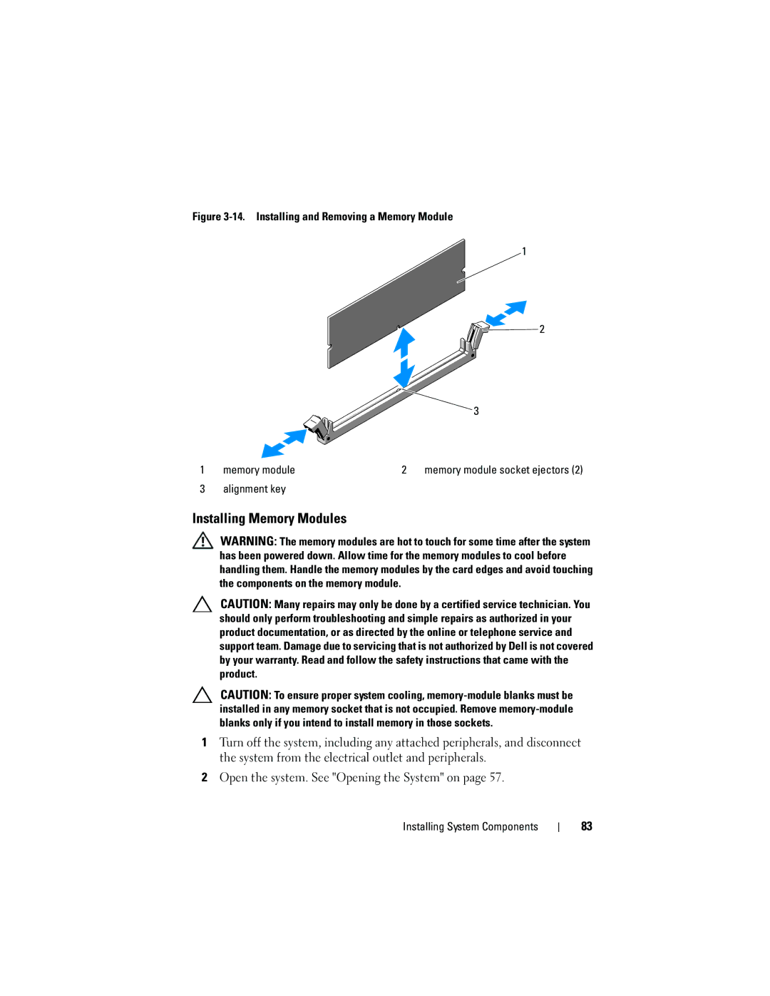 Dell T110 owner manual Installing Memory Modules, Alignment key 