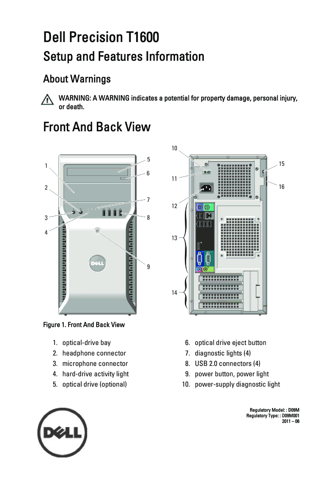 Dell T1600 manual Setup and Features Information, Front And Back View 