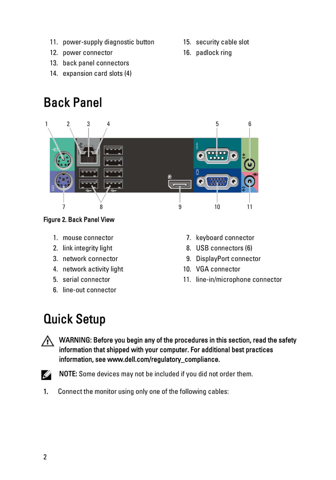 Dell T1600 manual Back Panel, Quick Setup 