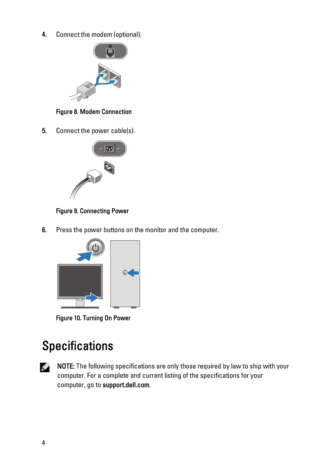 Dell T1600 manual Specifications, Modem Connection 