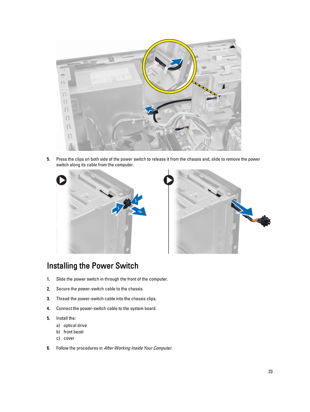 Dell T1700 owner manual Installing the Power Switch 