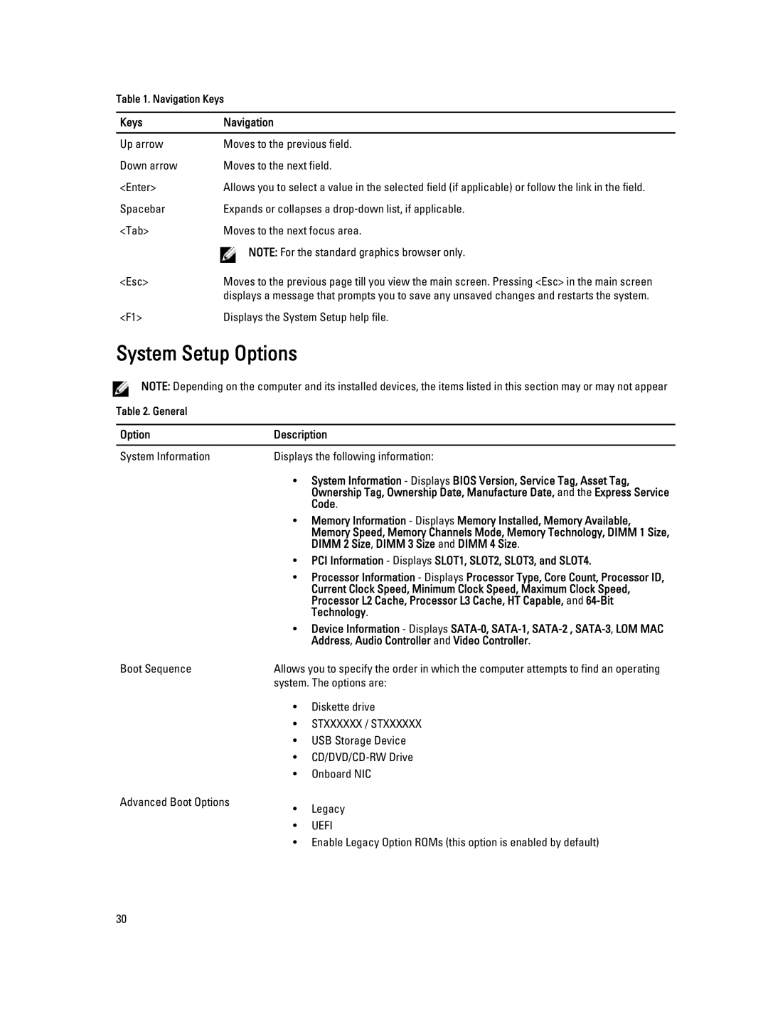 Dell T1700 owner manual System Setup Options 