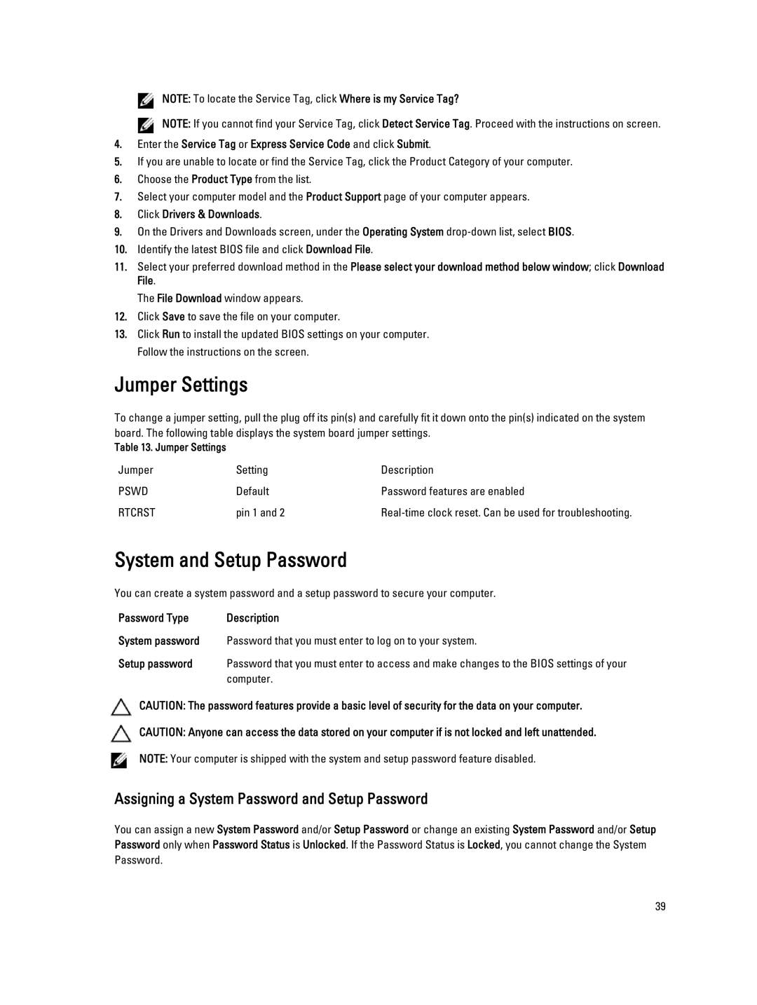 Dell T1700 owner manual Jumper Settings, System and Setup Password, Click Drivers & Downloads, Computer 