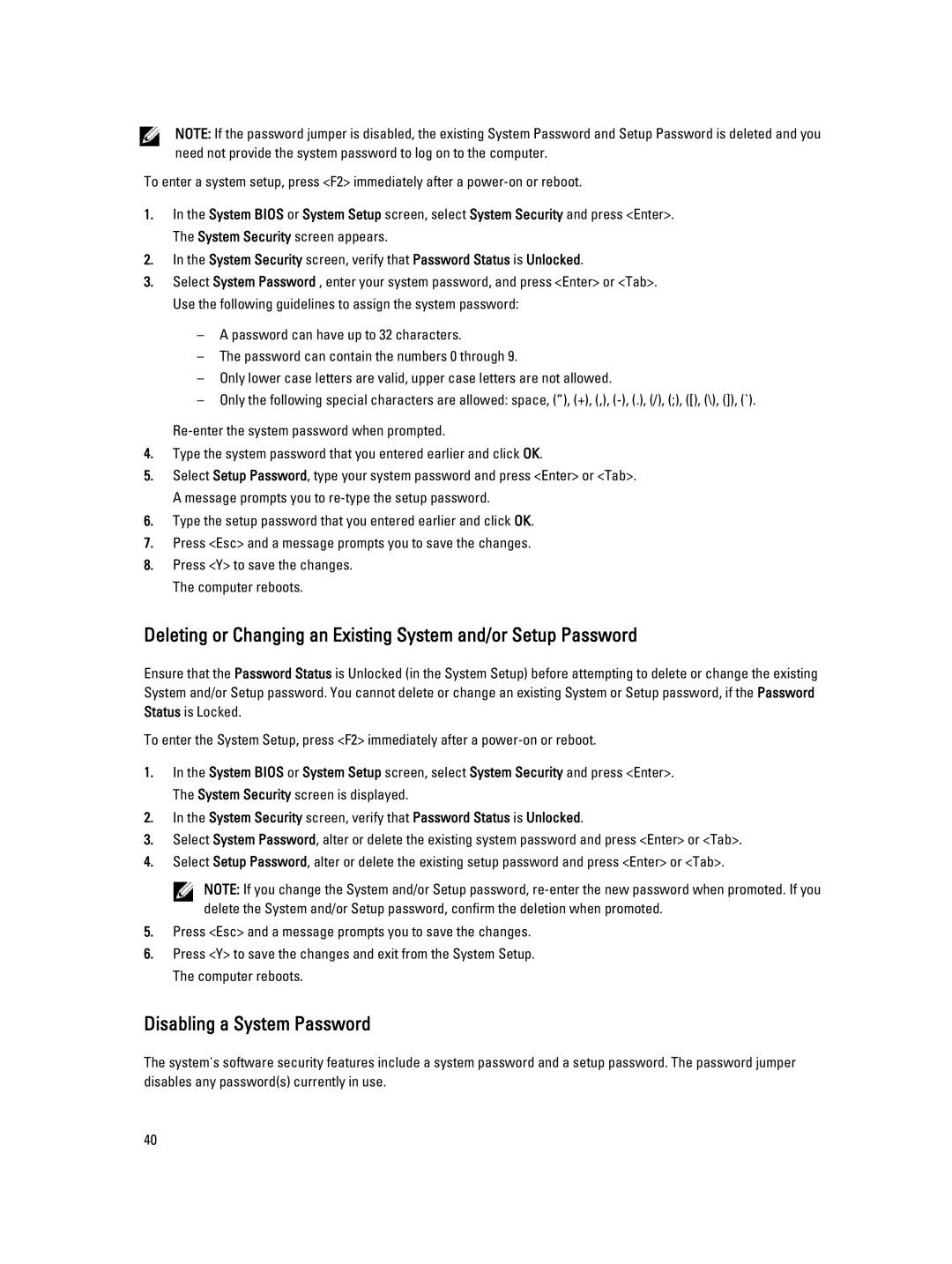 Dell T1700 owner manual Disabling a System Password 