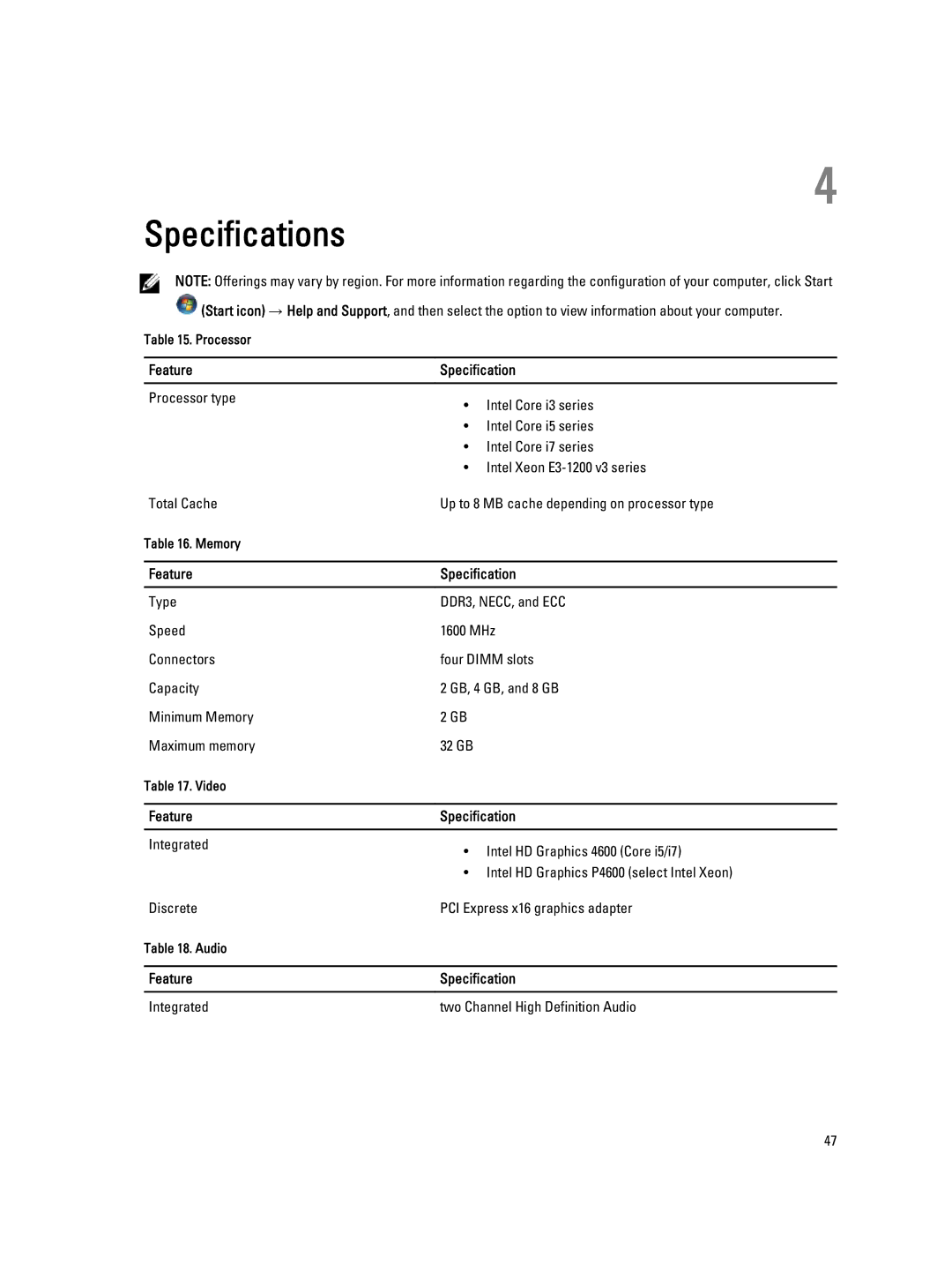 Dell T1700 owner manual Processor type, Feature Specification, Integrated Two Channel High Definition Audio 