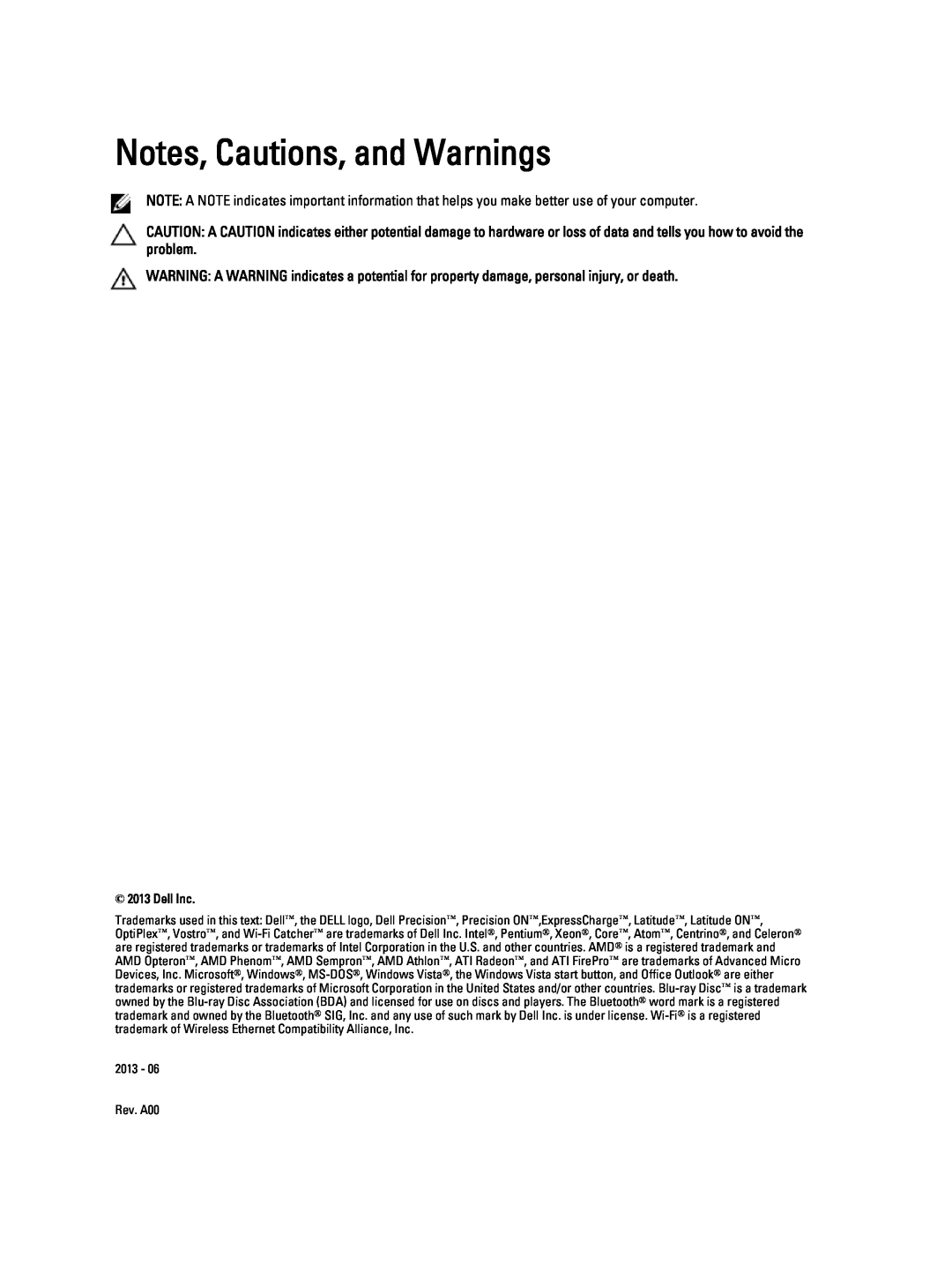 Dell T1700 owner manual Notes, Cautions, and Warnings, Dell Inc 