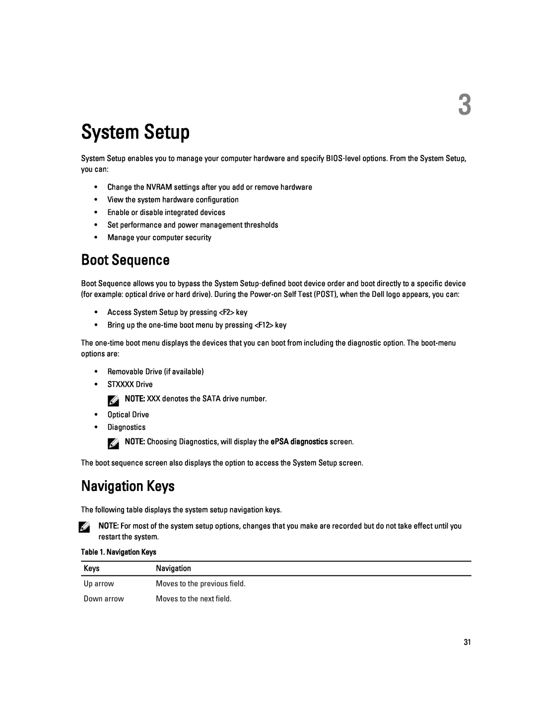 Dell T1700 owner manual System Setup, Boot Sequence, Navigation Keys 