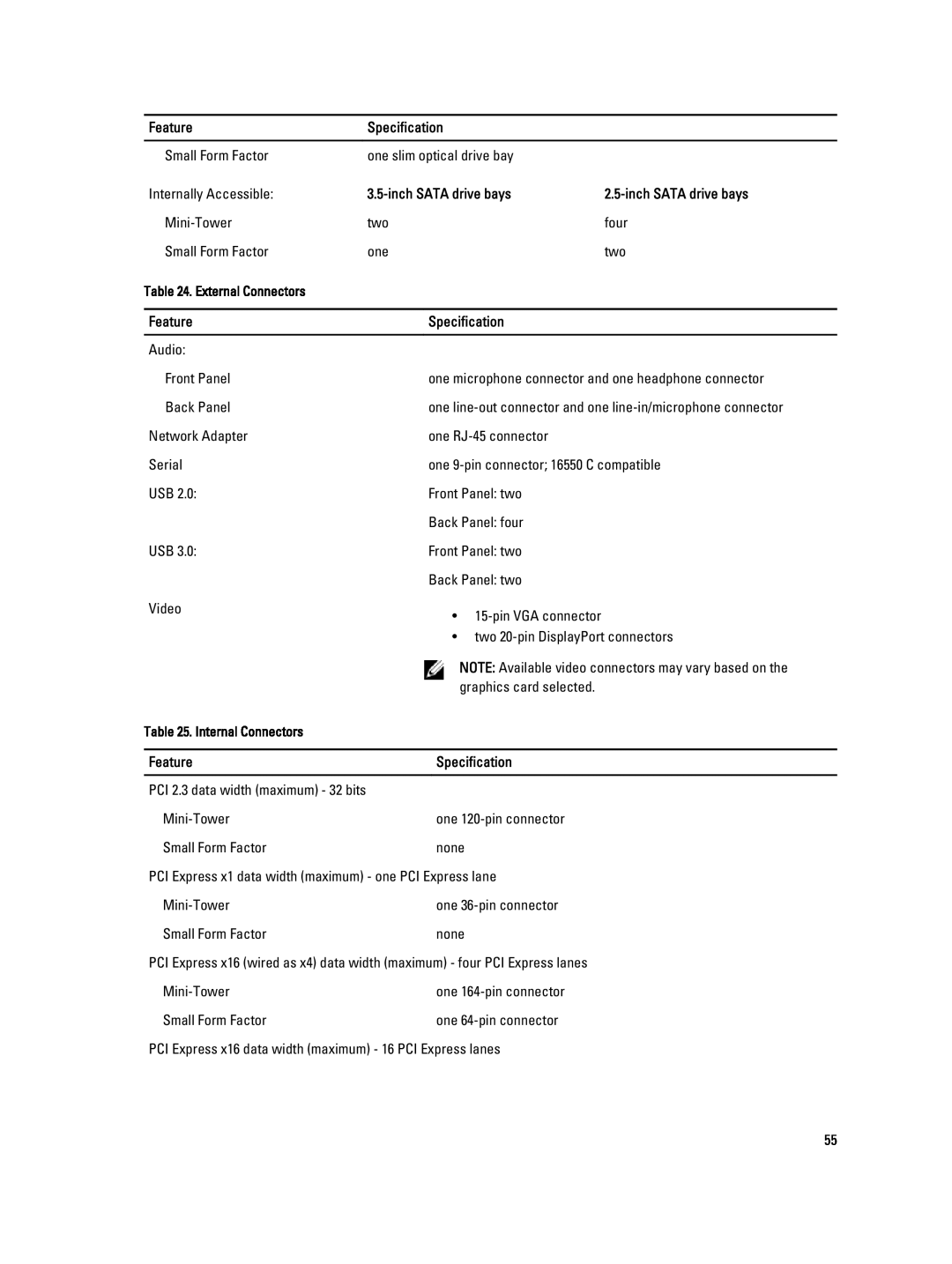 Dell T1700 owner manual Feature, Specification, inch SATA drive bays, External Connectors, Internal Connectors 