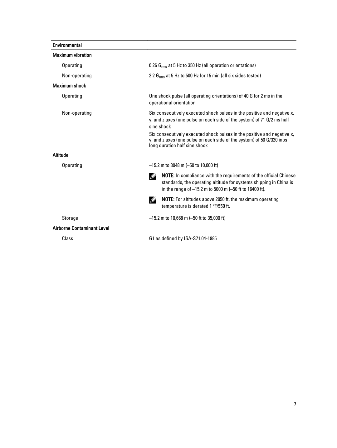 Dell T20 manual Environmental Maximum vibration, Maximum shock, Altitude, Airborne Contaminant Level 