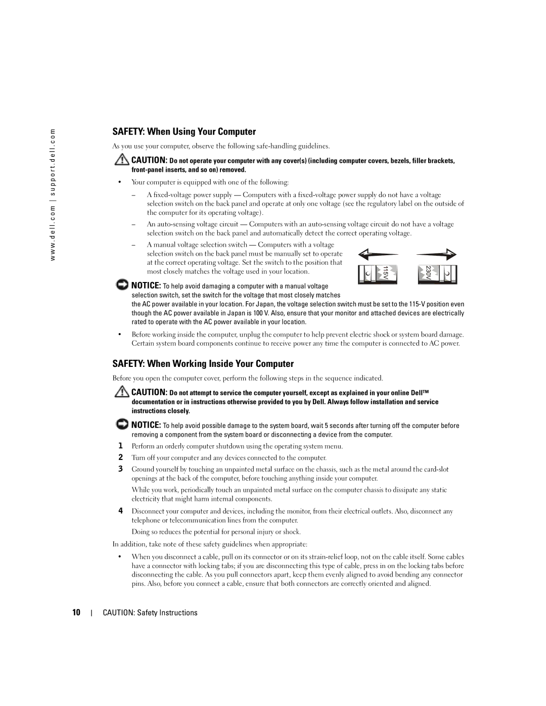 Dell T2310 manual Safety When Using Your Computer, Safety When Working Inside Your Computer 