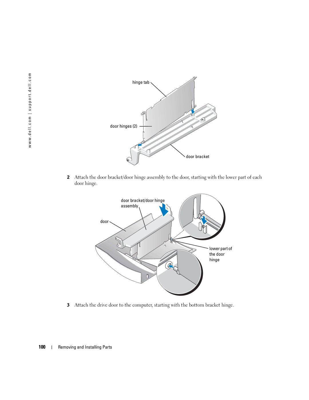 Dell T2310 manual 100, Hinge tab Door hinges Door bracket, Door bracket/door hinge assembly 