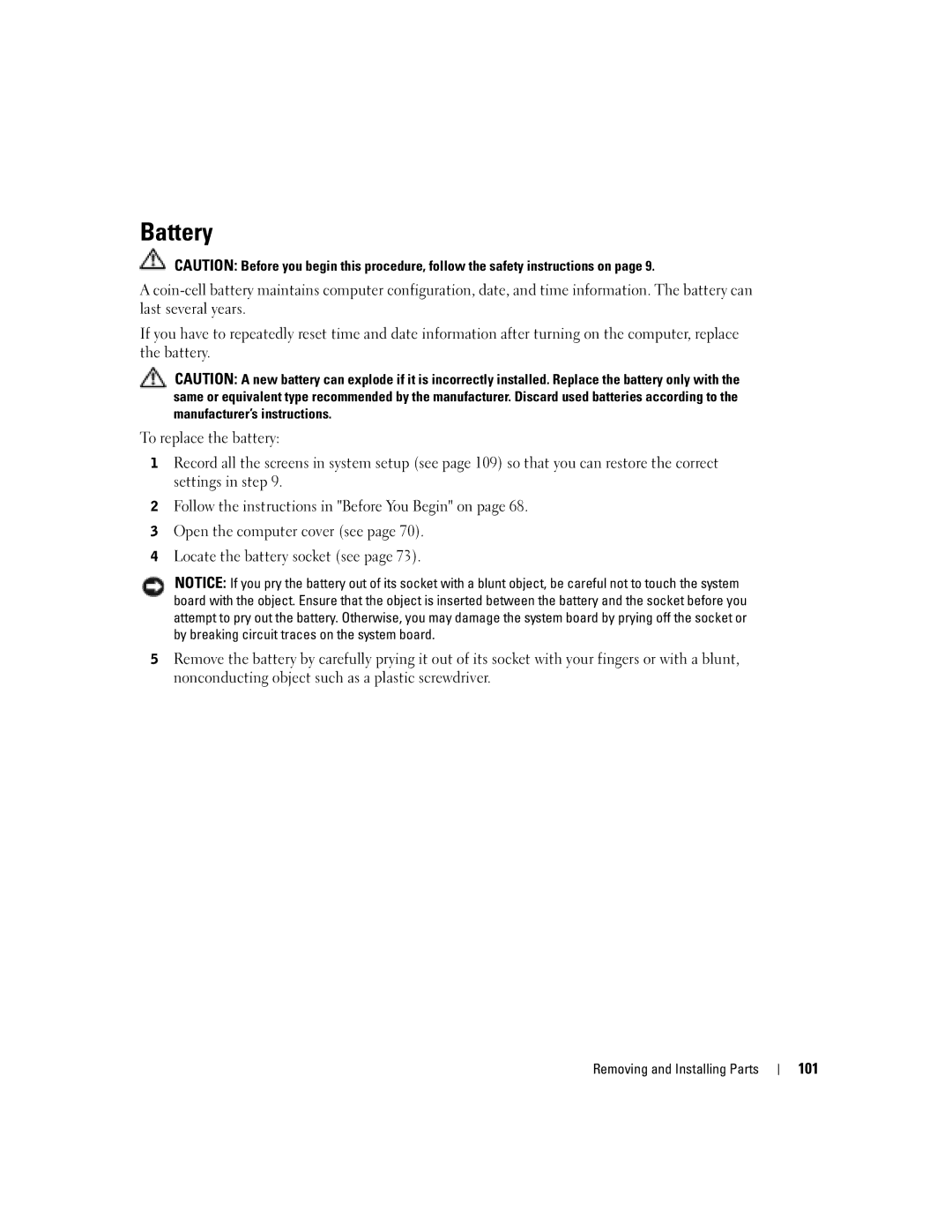 Dell T2310 manual Battery, 101 