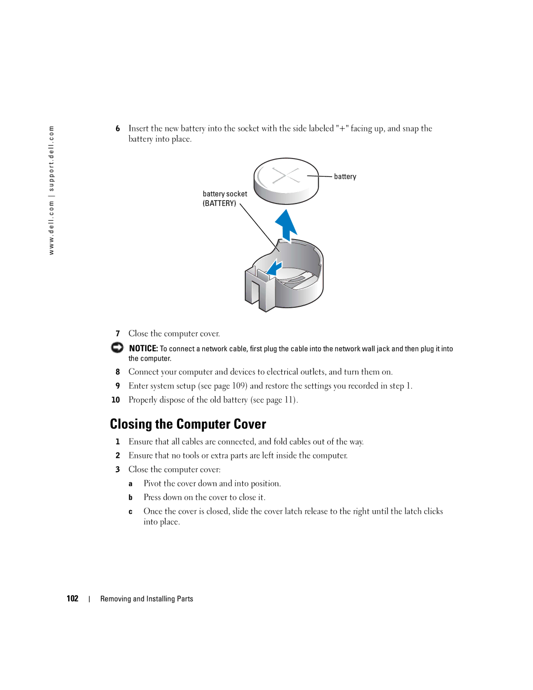 Dell T2310 manual Closing the Computer Cover, 102, Battery 