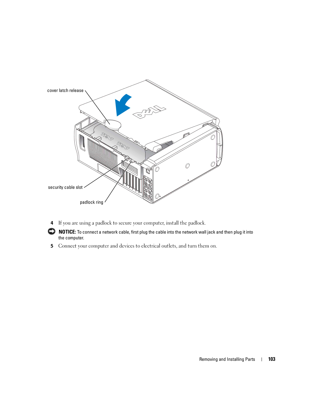 Dell T2310 manual 103, Cover latch release Security cable slot Padlock ring 