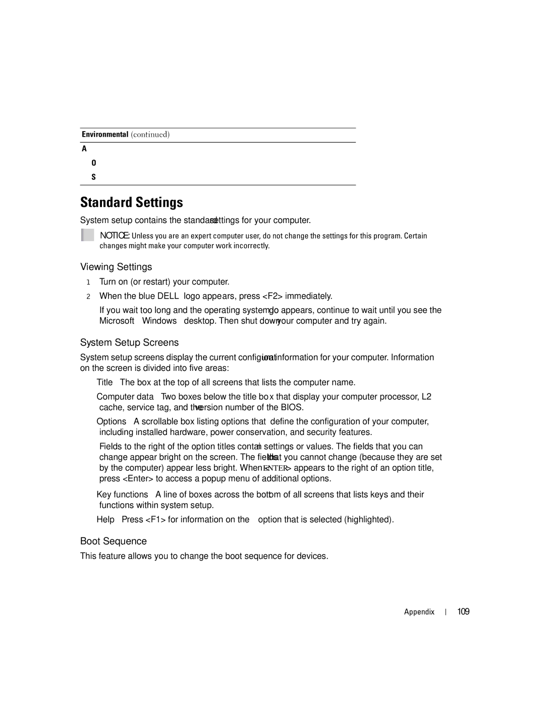 Dell T2310 manual Standard Settings, Viewing Settings, System Setup Screens, Boot Sequence, 109 