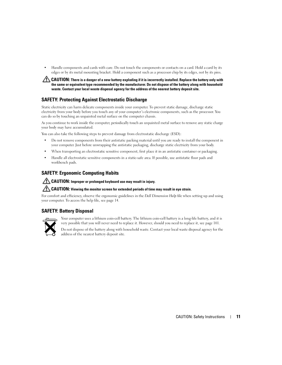 Dell T2310 Safety Protecting Against Electrostatic Discharge, Safety Ergonomic Computing Habits, Safety Battery Disposal 