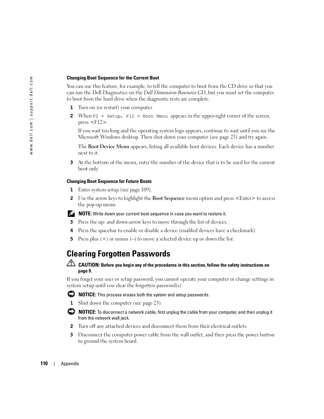 Dell T2310 manual Clearing Forgotten Passwords, Changing Boot Sequence for the Current Boot, 110 