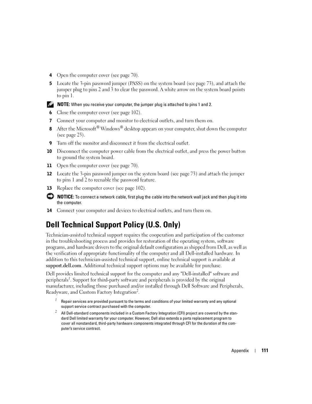 Dell T2310 manual Dell Technical Support Policy U.S. Only, 111 