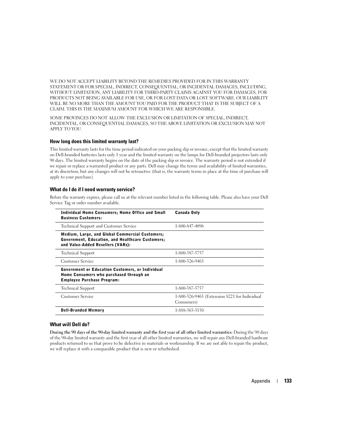 Dell T2310 manual How long does this limited warranty last?, 133 