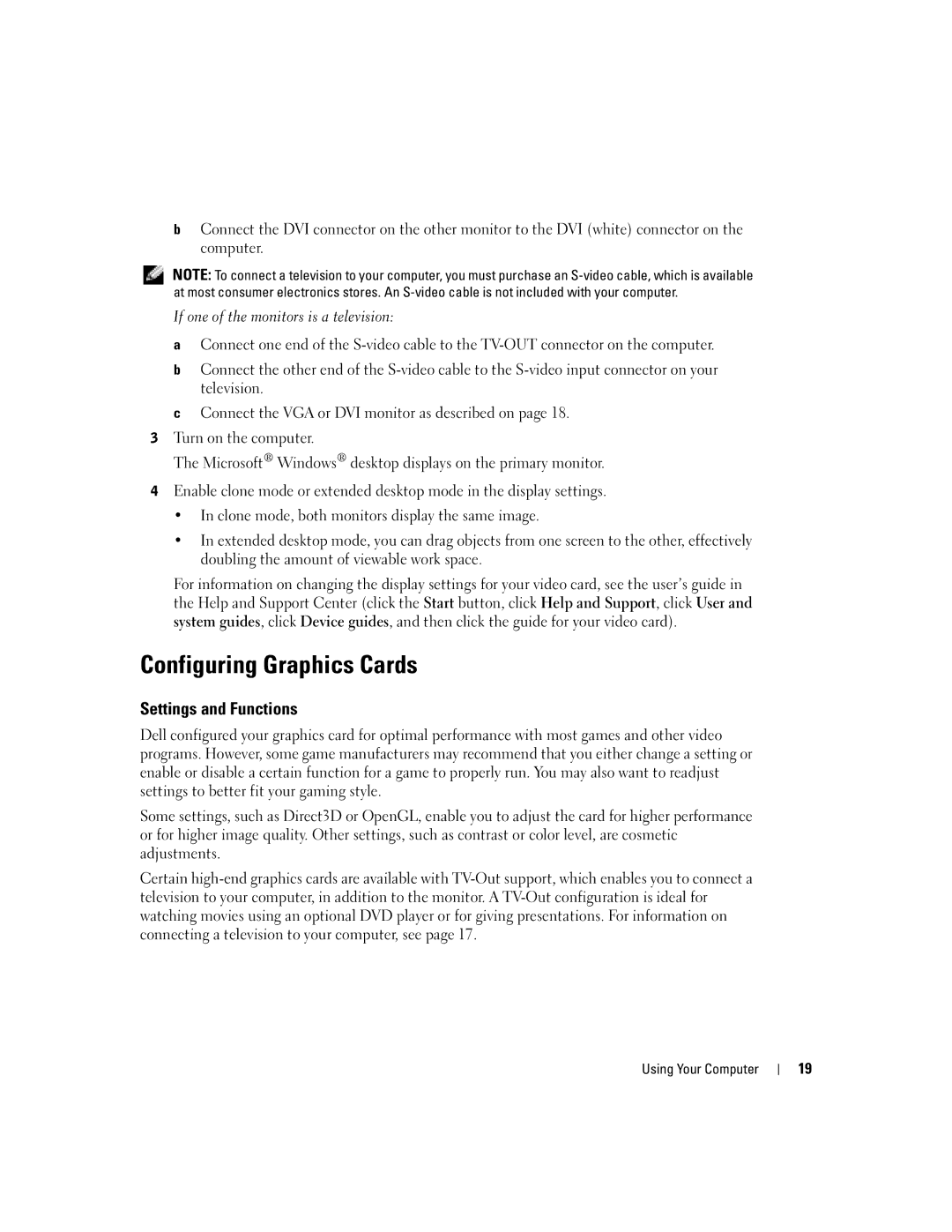 Dell T2310 manual Configuring Graphics Cards, Settings and Functions, If one of the monitors is a television 