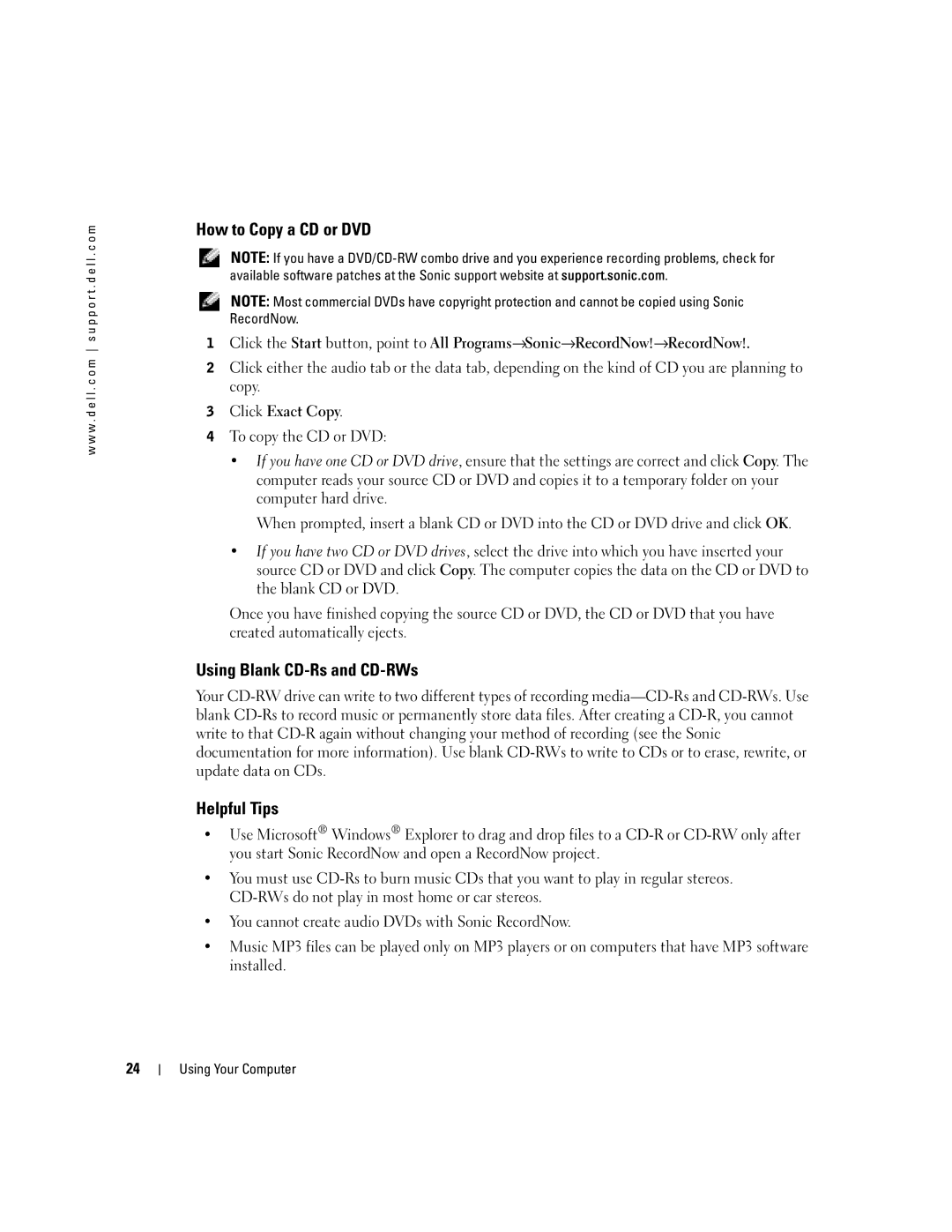 Dell T2310 manual How to Copy a CD or DVD, Using Blank CD-Rs and CD-RWs, Helpful Tips 