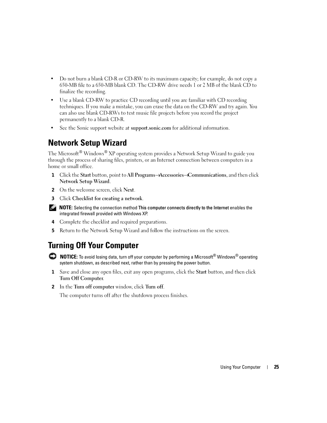 Dell T2310 manual Network Setup Wizard, Turning Off Your Computer, Integrated firewall provided with Windows XP 