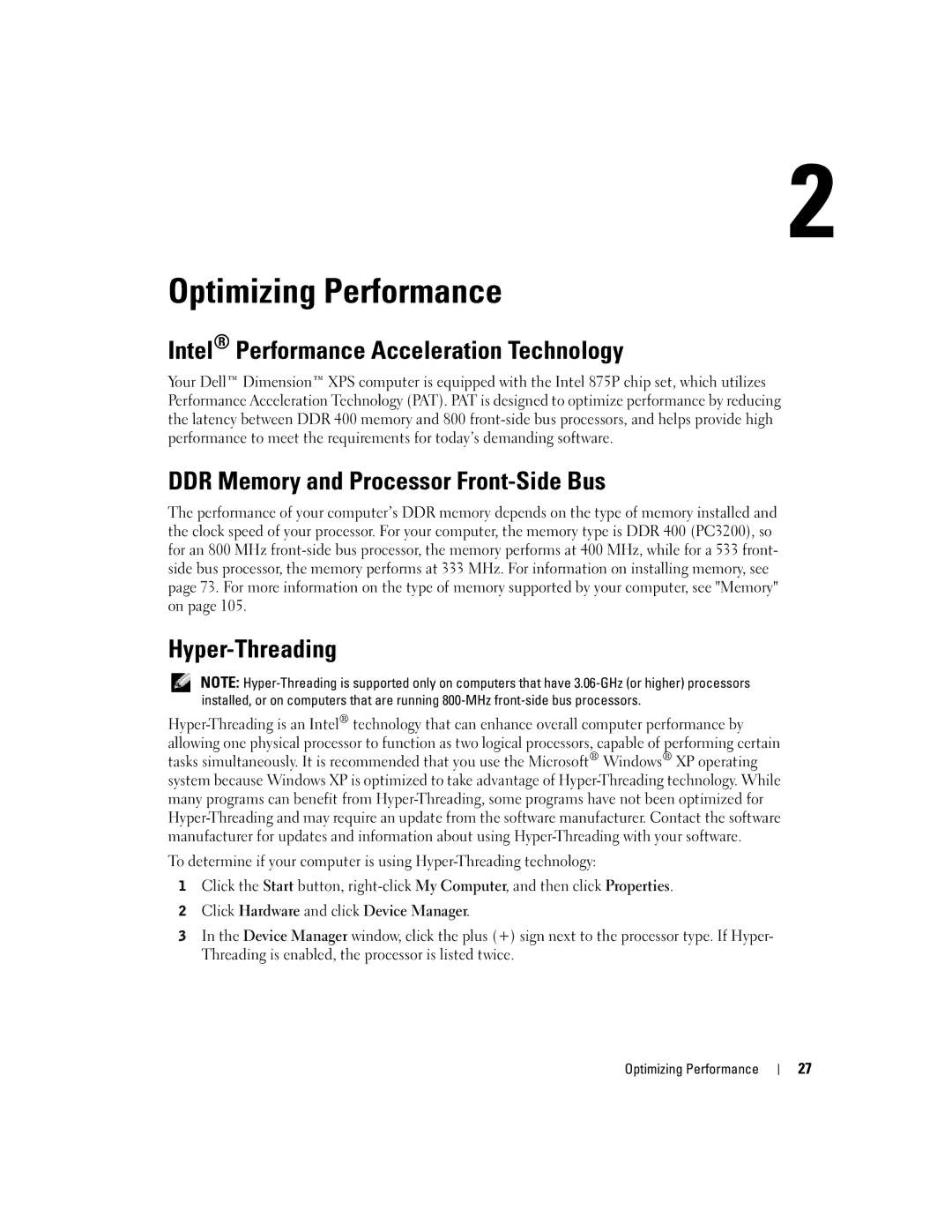 Dell T2310 manual Intel Performance Acceleration Technology, DDR Memory and Processor Front-Side Bus, Hyper-Threading 