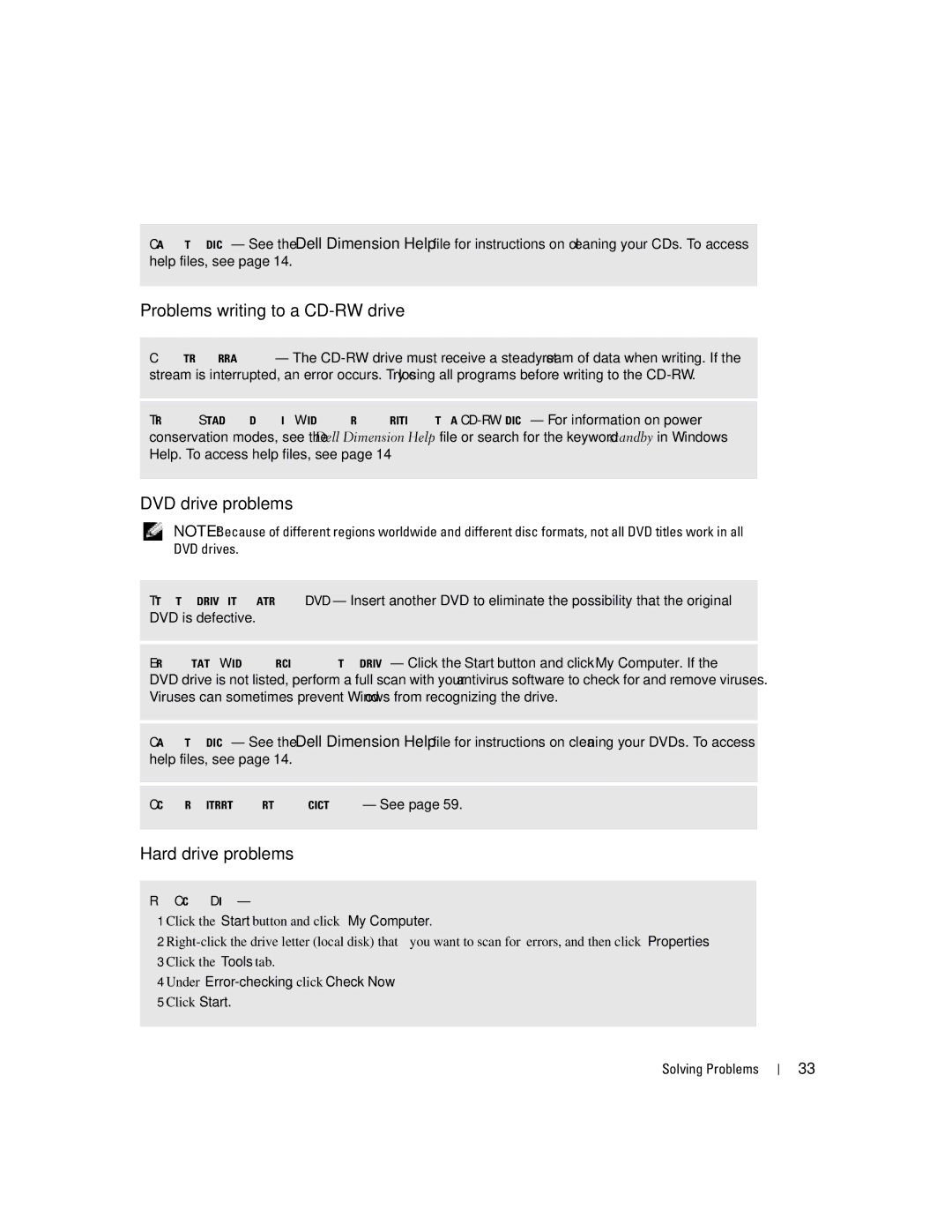 Dell T2310 manual Problems writing to a CD-RW drive, DVD drive problems, Hard drive problems 