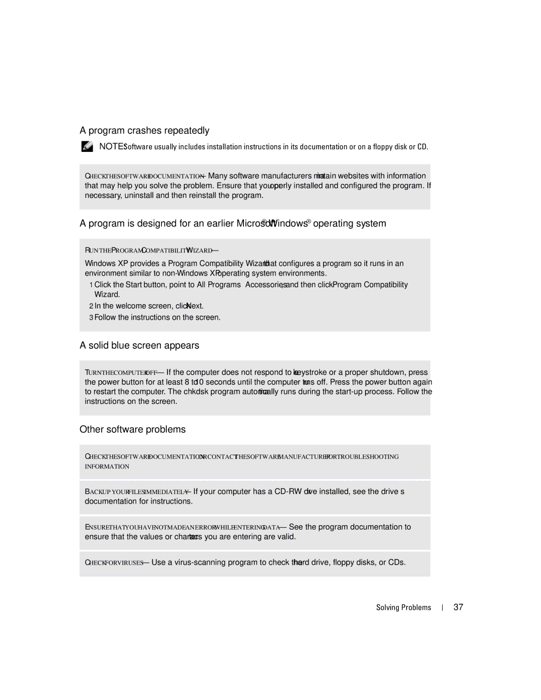 Dell T2310 manual Program crashes repeatedly, Solid blue screen appears, Other software problems 