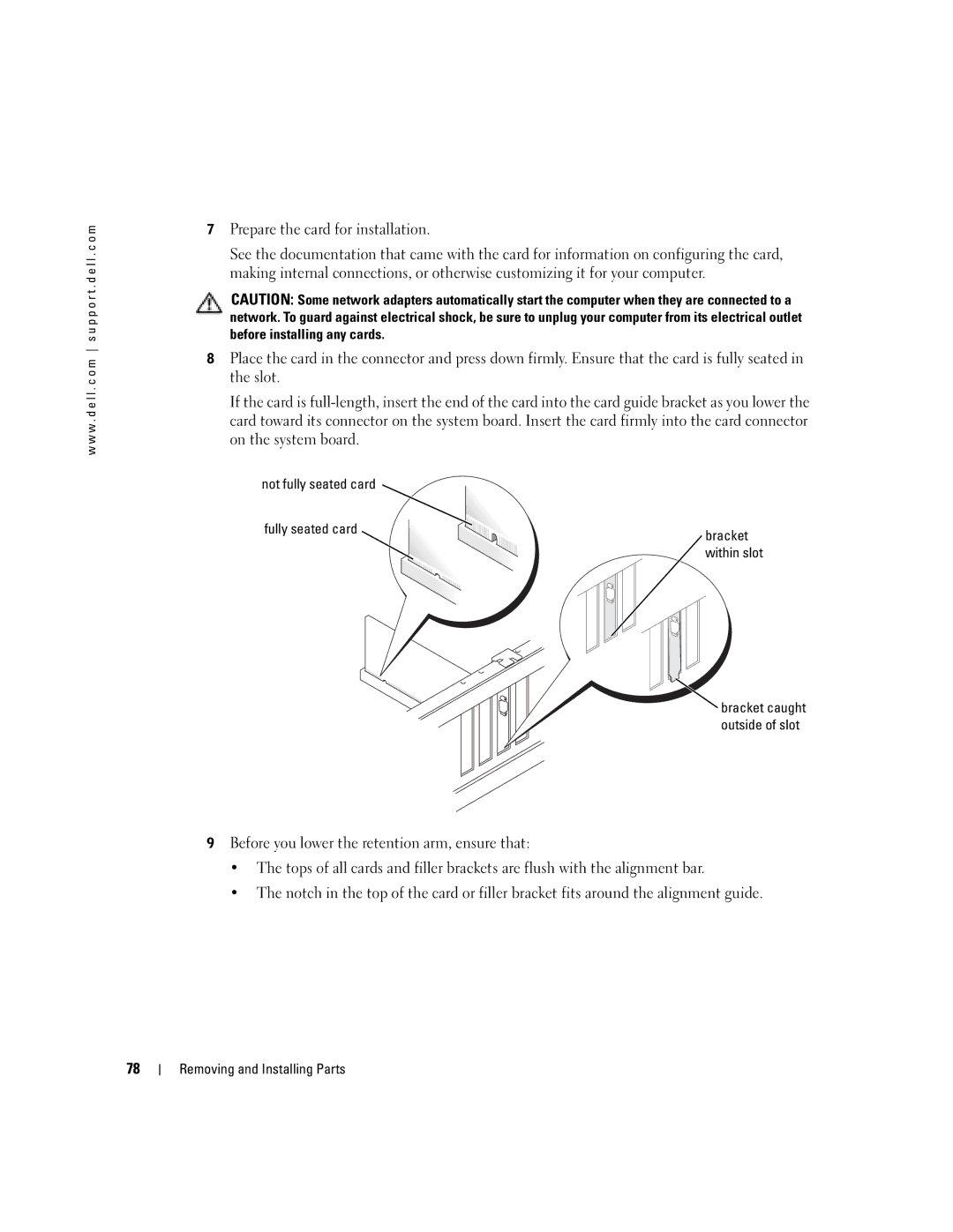 Dell T2310 manual Not fully seated card Fully seated card Bracket 
