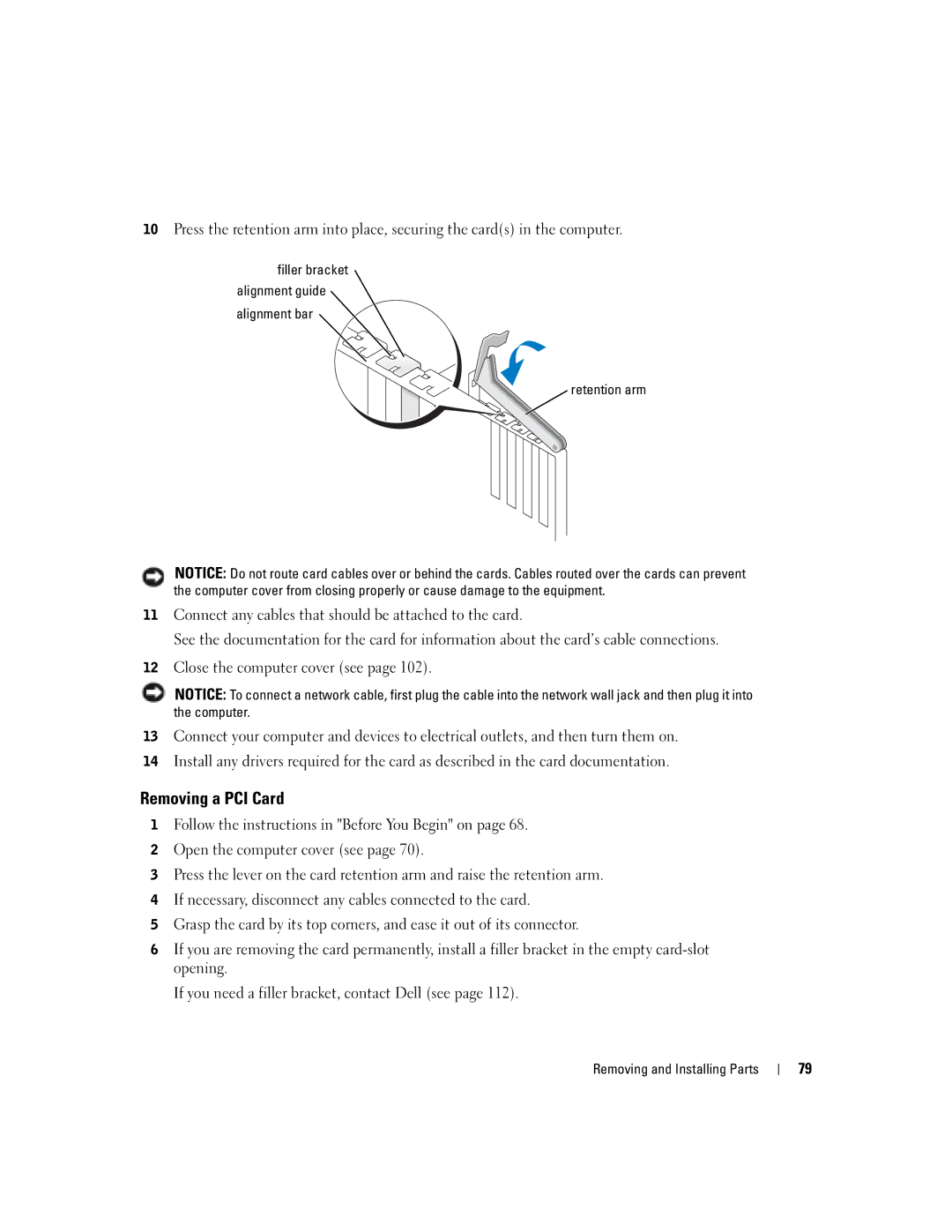 Dell T2310 manual Removing a PCI Card, Filler bracket Alignment guide Alignment bar Retention arm 