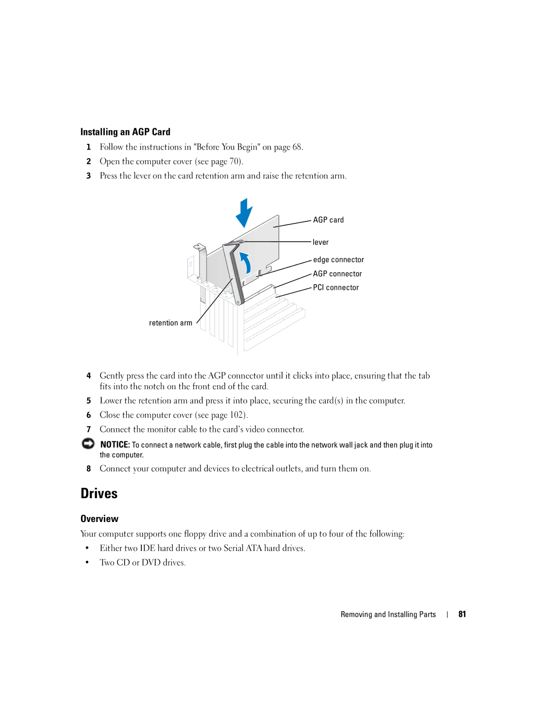 Dell T2310 manual Drives, Installing an AGP Card, Overview 