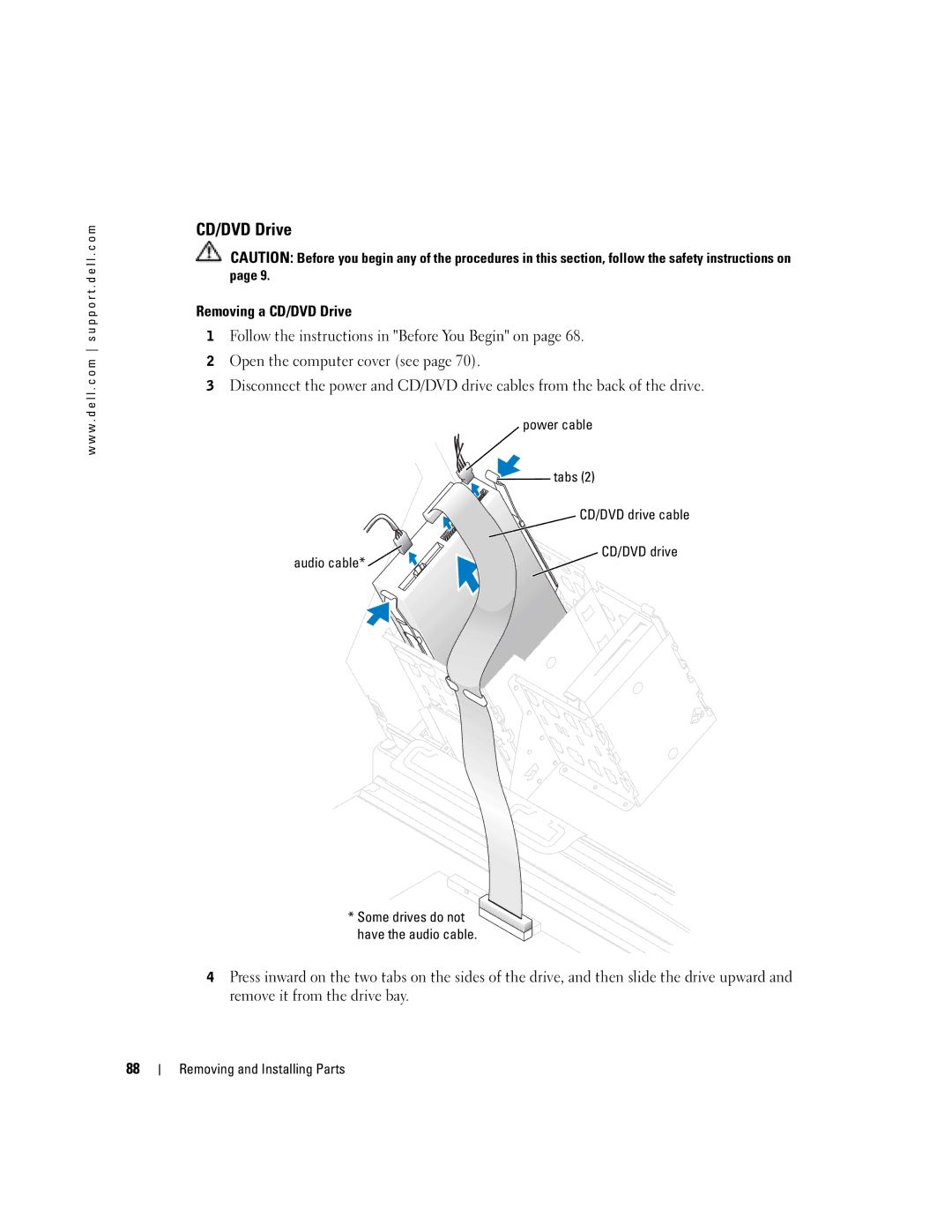 Dell T2310 manual Removing a CD/DVD Drive, Power cable Tabs CD/DVD drive cable Audio cable 