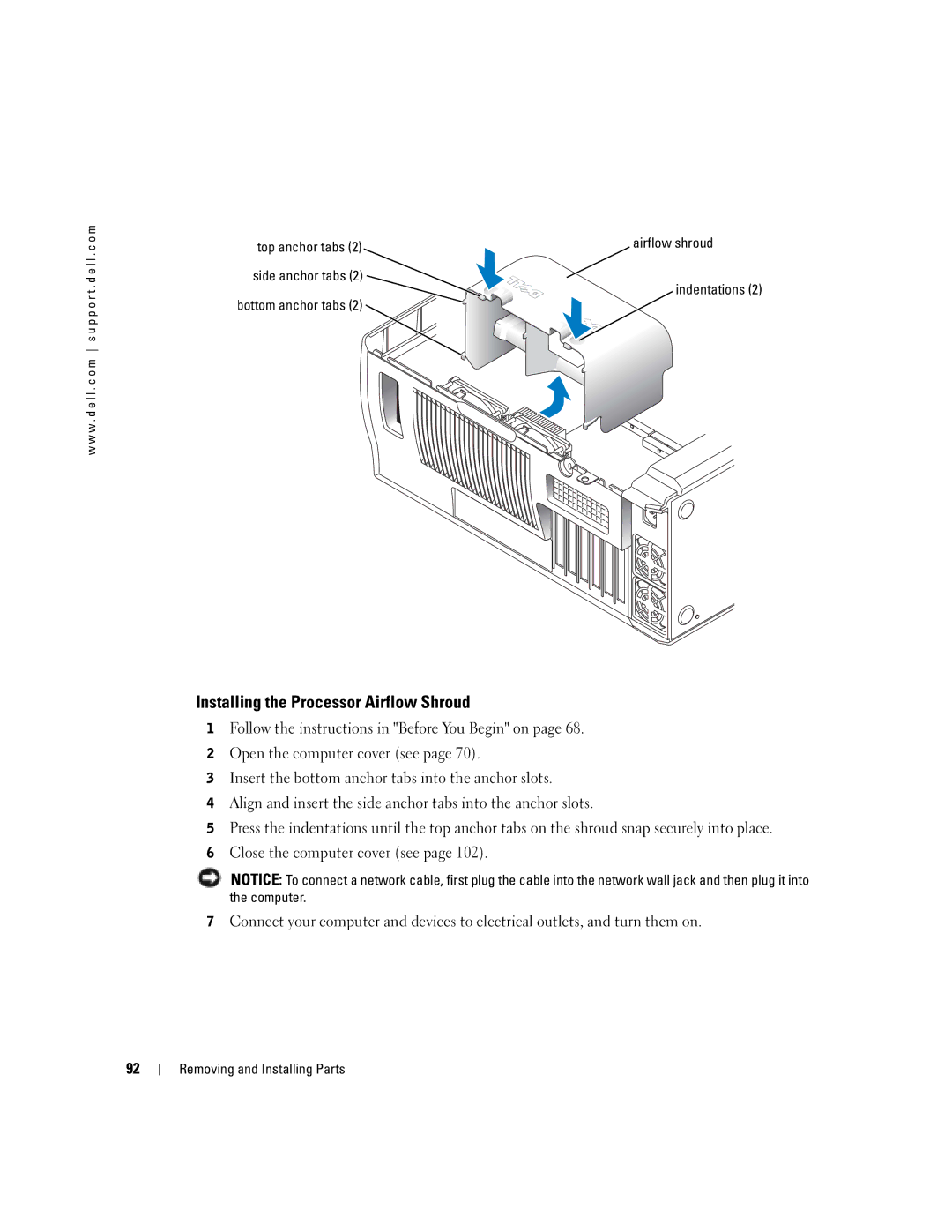 Dell T2310 Installing the Processor Airflow Shroud, Top anchor tabs, Side anchor tabs Indentations Bottom anchor tabs 