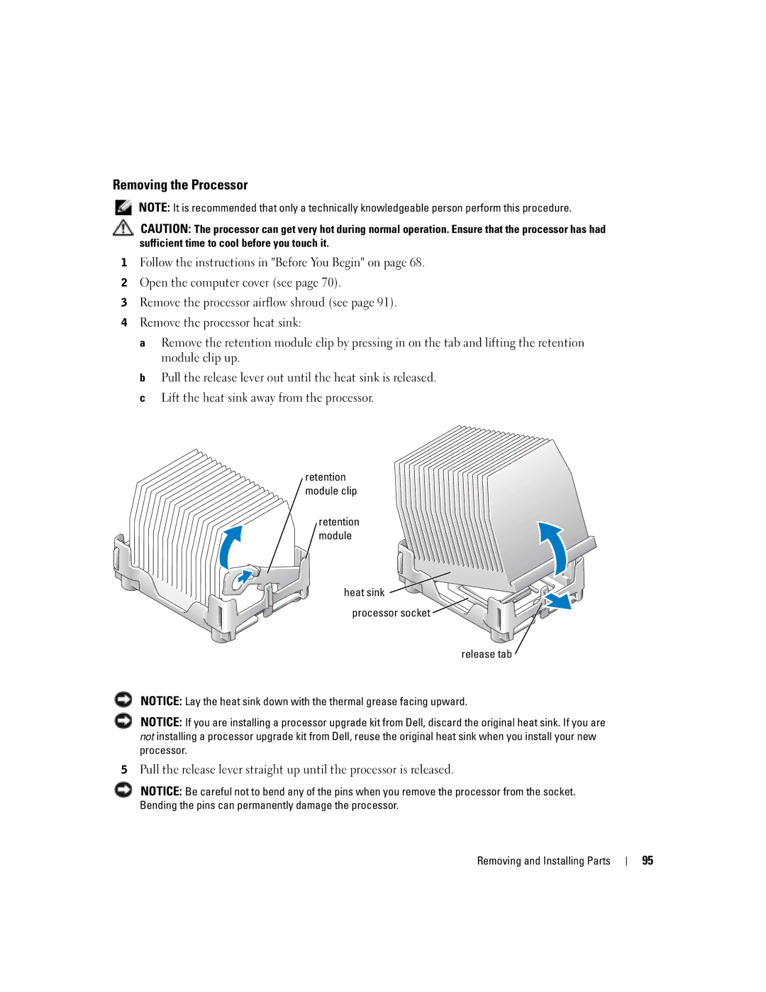 Dell T2310 manual Removing the Processor, Retention module Heat sink processor socket Release tab 