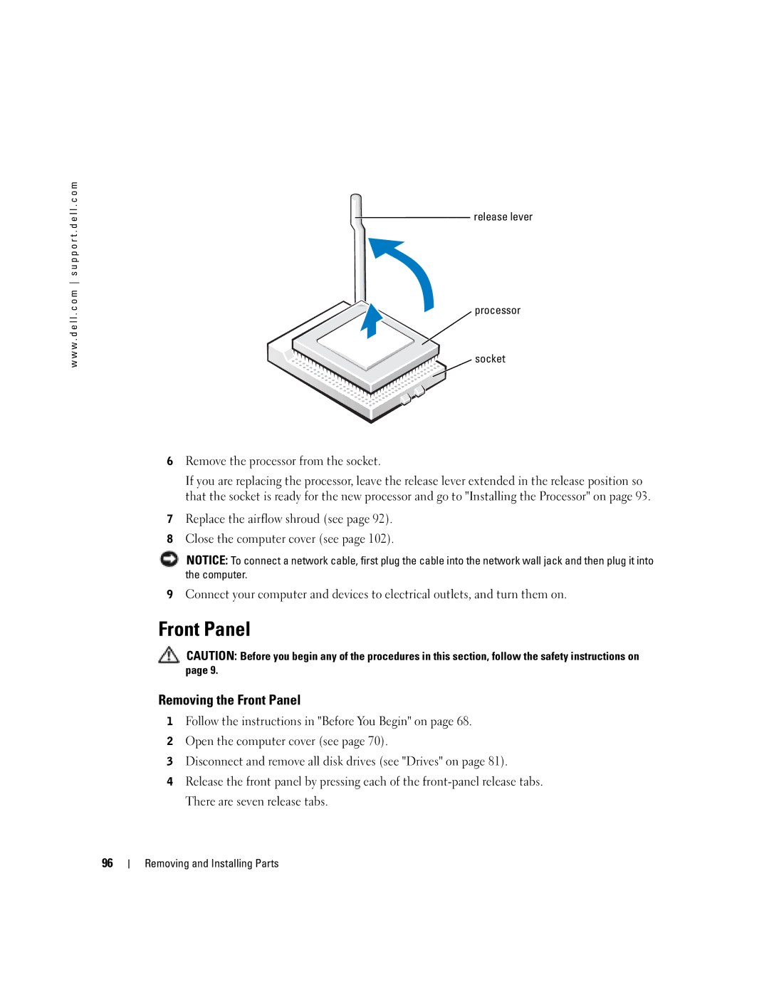 Dell T2310 manual Removing the Front Panel, Release lever Processor Socket 