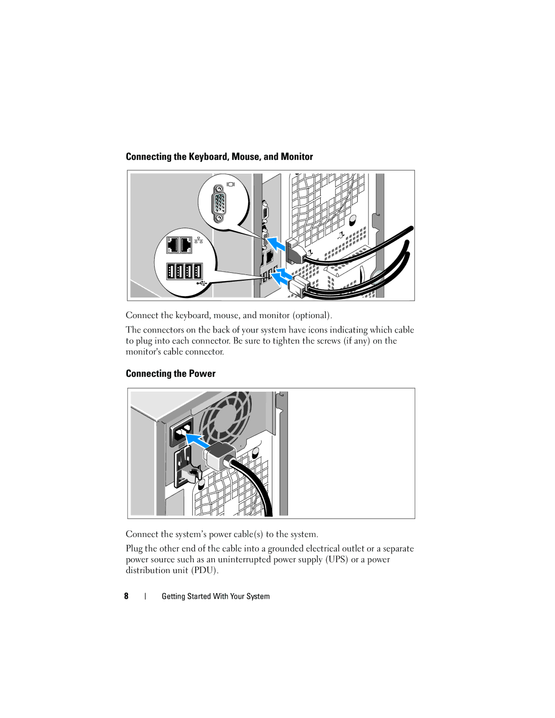 Dell T300 manual Connecting the Keyboard, Mouse, and Monitor, Connecting the Power 