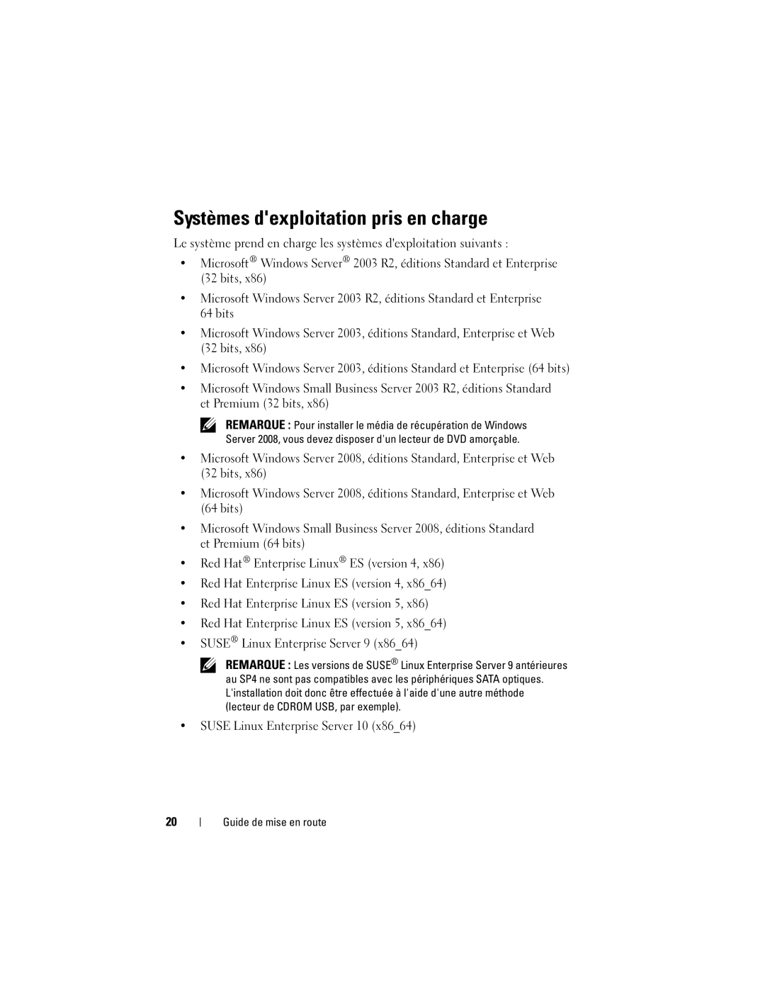 Dell T300 manual Systèmes dexploitation pris en charge 