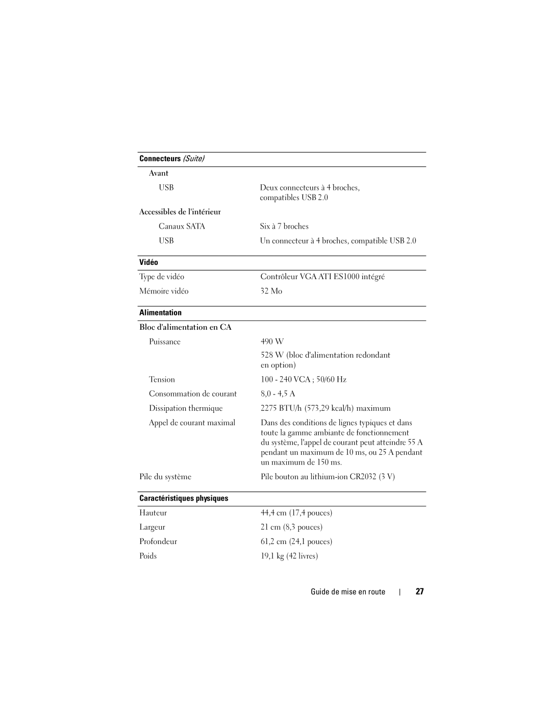 Dell T300 manual Connecteurs Suite Avant 