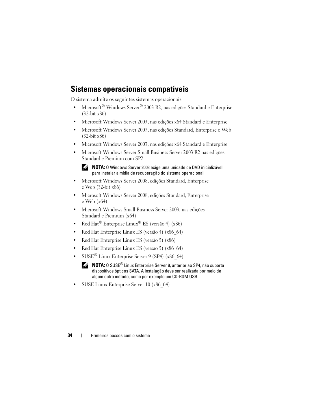 Dell T300 manual Sistemas operacionais compatíveis 