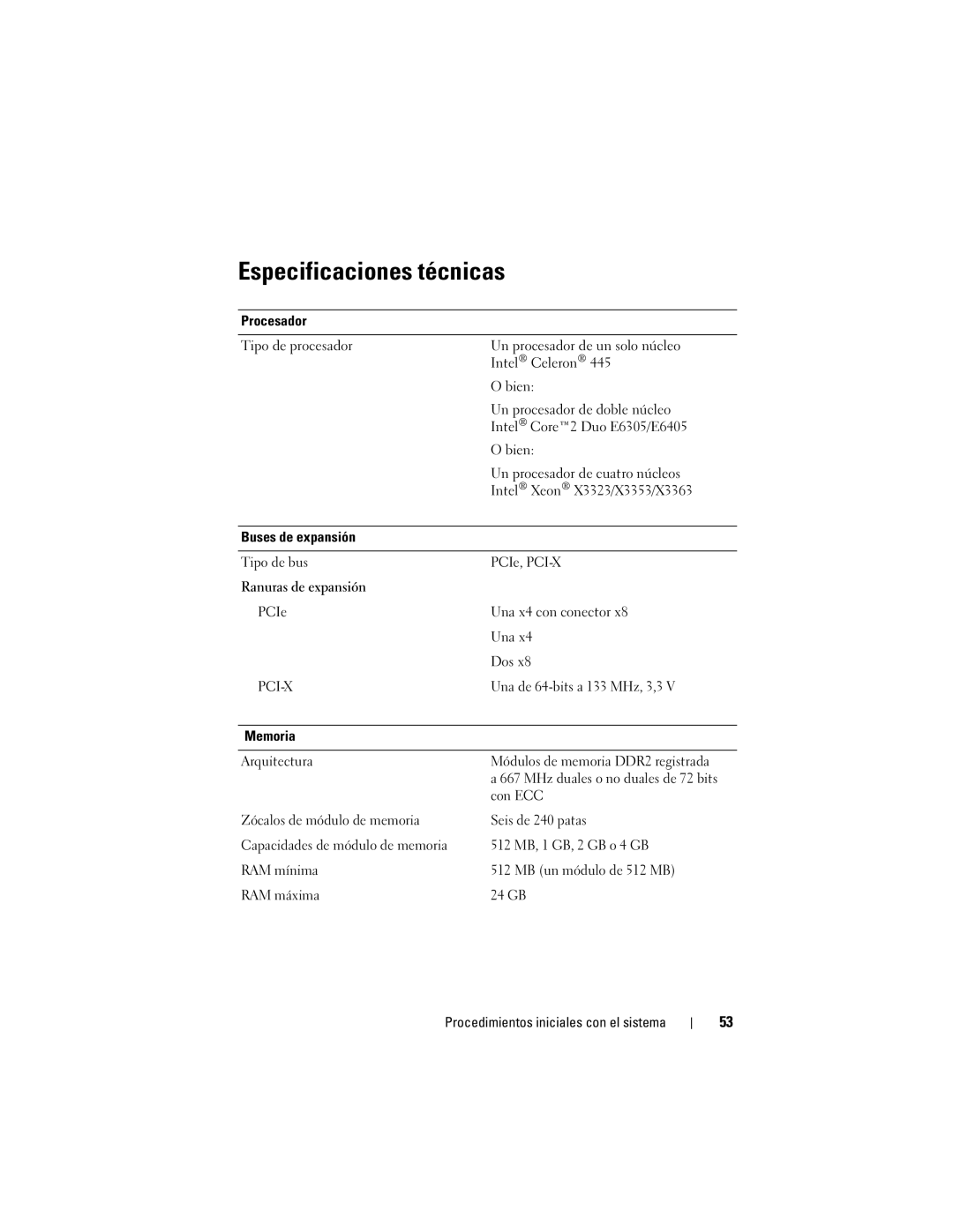 Dell T300 manual Especificaciones técnicas 