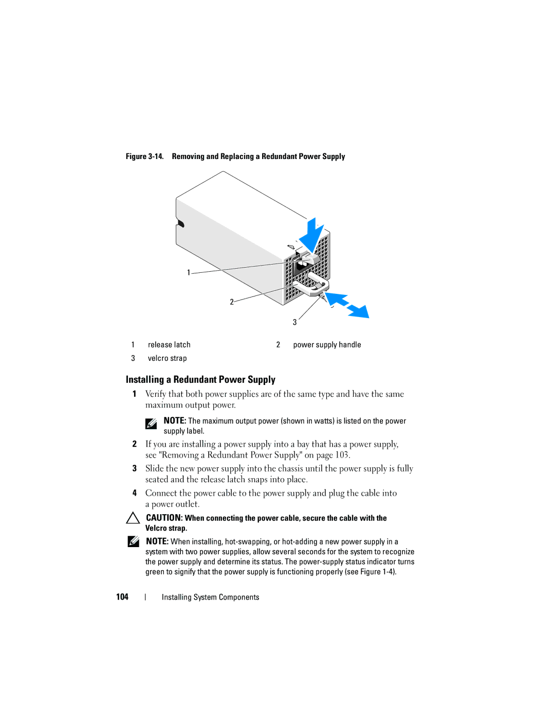 Dell T310 owner manual Installing a Redundant Power Supply, Velcro strap 