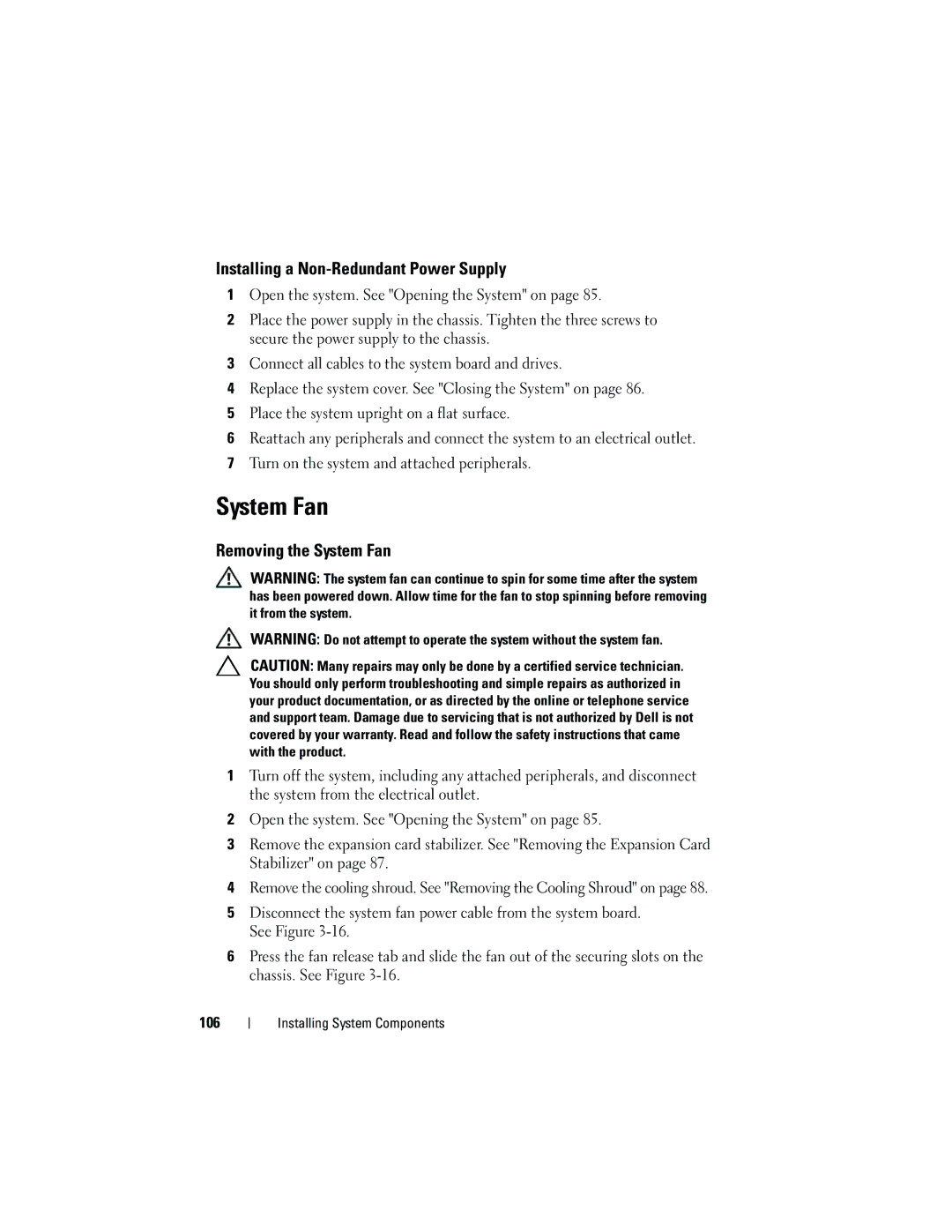 Dell T310 owner manual Installing a Non-Redundant Power Supply, Removing the System Fan 